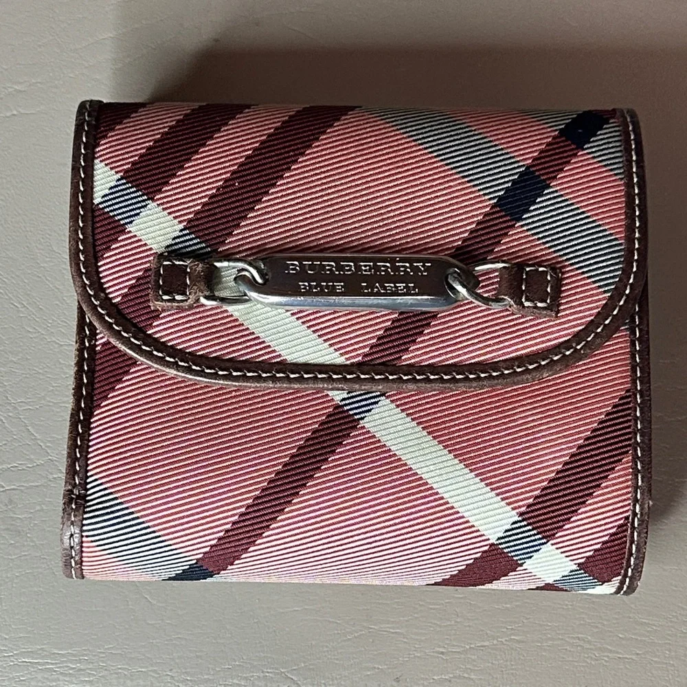 Burberry Blue Label Pink Nova Check Plaid Trifold Wallet with Kisslock Closure